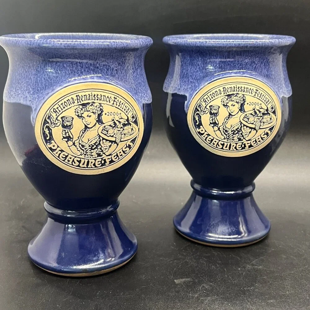2006 Arizona Renaissance Festival Pleasure Feast Glazed Pottery Blue Goblet Cups